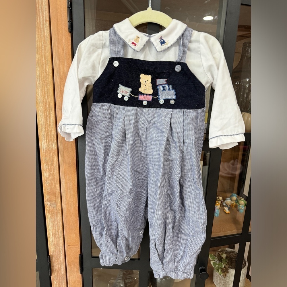 Vintage teddy bear coverall embroidered overalls baby boy collar train gingham - Picture 5 of 9